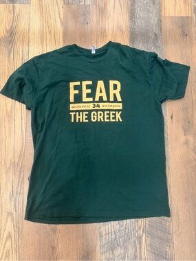 Next Level Apparel Green Short Sleeve Tee with Yellow 'FEAR THE GREEK' Graphic
